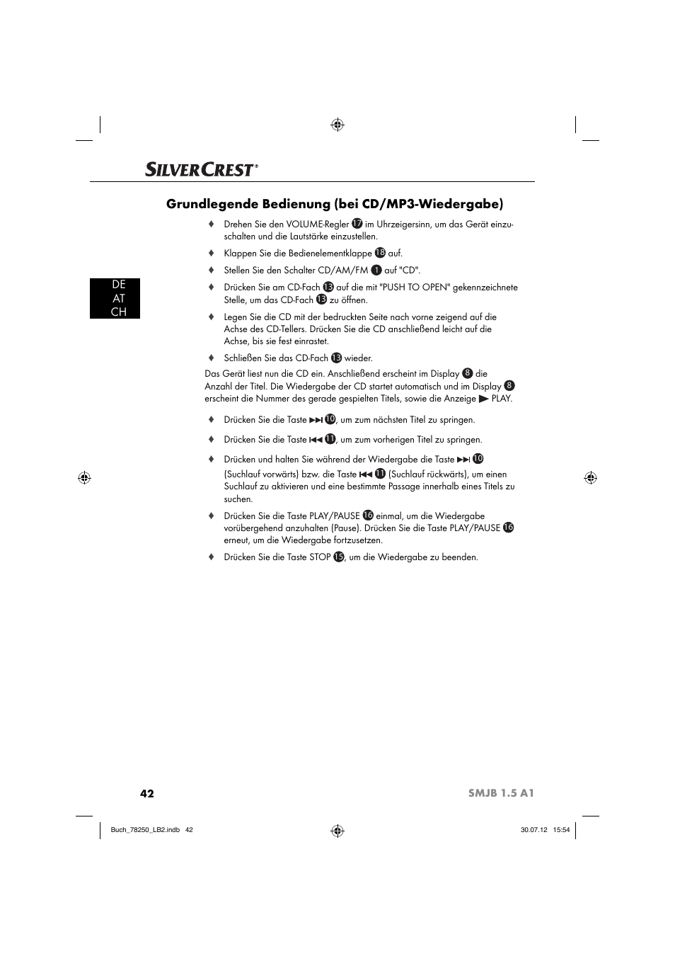 Grundlegende bedienung (bei cd/mp3-wiedergabe), De at ch | Silvercrest SMJB 1.5 A1 User Manual | Page 45 / 68