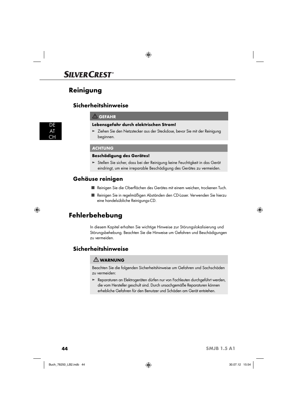 Reinigung, Fehlerbehebung, Sicherheitshinweise | Gehäuse reinigen, De at ch | Silvercrest SMJB 1.5 A1 User Manual | Page 47 / 68