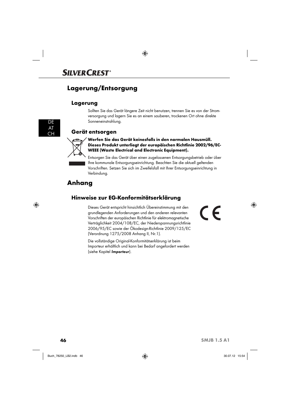 Lagerung/entsorgung, Anhang, Lagerung | Gerät entsorgen, Hinweise zur eg-konformitätserklärung | Silvercrest SMJB 1.5 A1 User Manual | Page 49 / 68