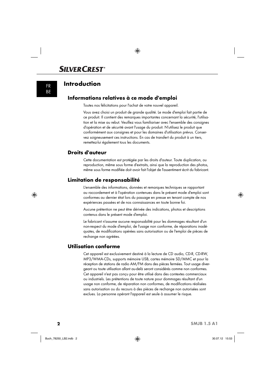 Introduction, Informations relatives à ce mode d'emploi, Droits d'auteur | Limitation de responsabilité, Utilisation conforme, Fr be | Silvercrest SMJB 1.5 A1 User Manual | Page 5 / 68