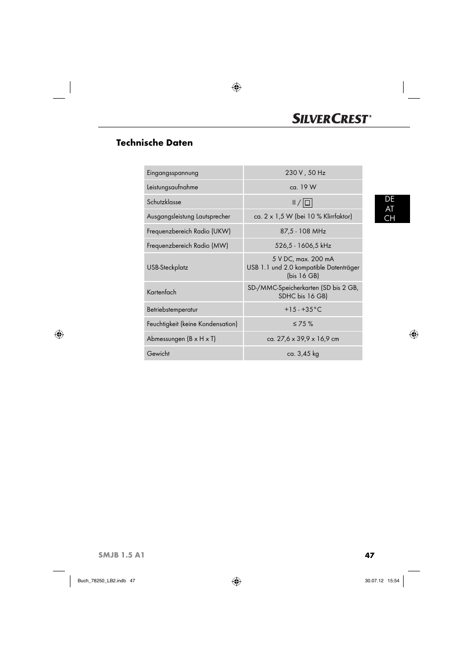 Technische daten, De at ch | Silvercrest SMJB 1.5 A1 User Manual | Page 50 / 68