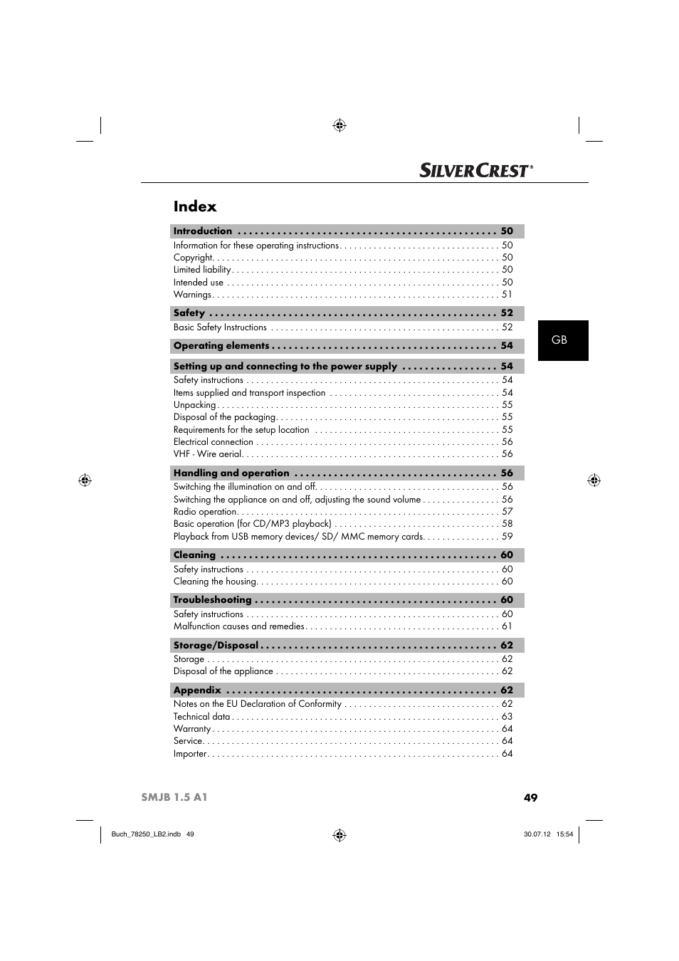 Index | Silvercrest SMJB 1.5 A1 User Manual | Page 52 / 68
