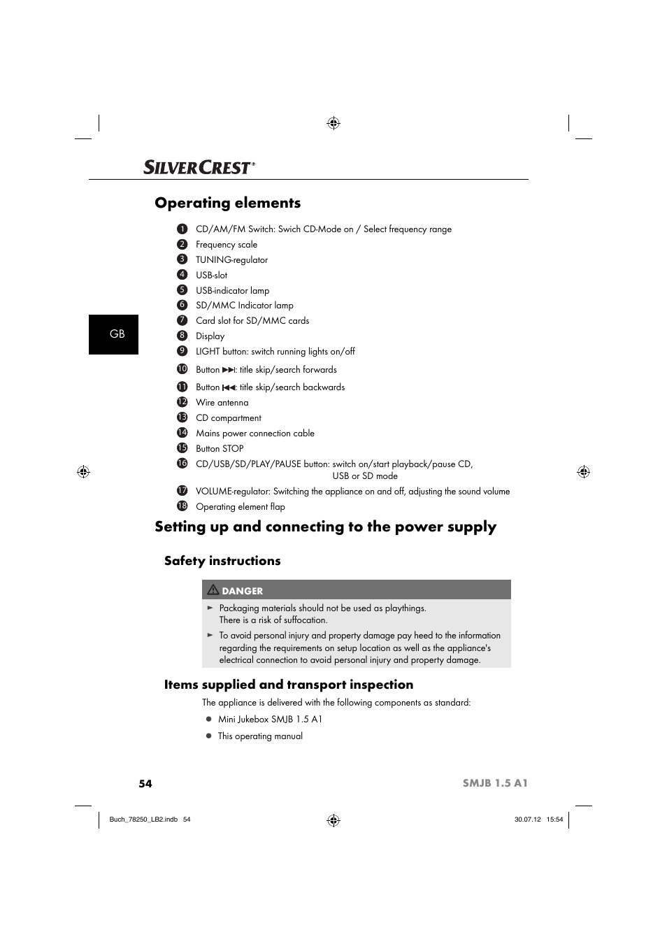 Operating elements, Setting up and connecting to the power supply, Safety instructions | Items supplied and transport inspection | Silvercrest SMJB 1.5 A1 User Manual | Page 57 / 68