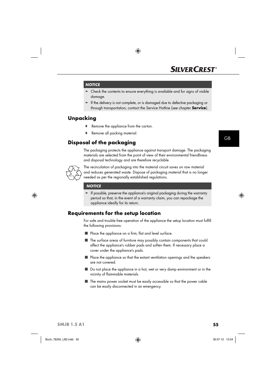 Unpacking, Disposal of the packaging, Requirements for the setup location | Silvercrest SMJB 1.5 A1 User Manual | Page 58 / 68