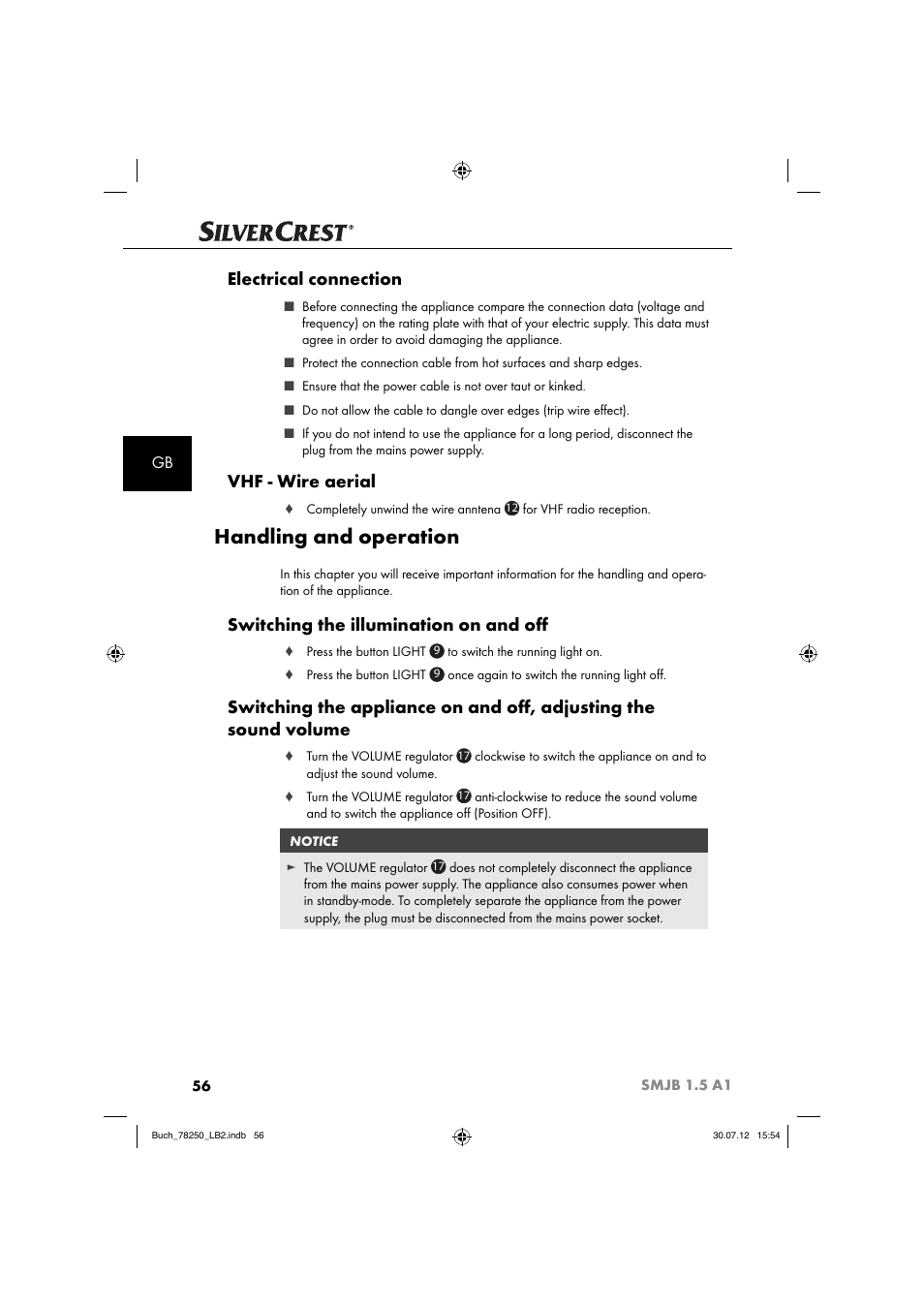 Handling and operation, Electrical connection, Vhf - wire aerial | Switching the illumination on and oﬀ | Silvercrest SMJB 1.5 A1 User Manual | Page 59 / 68