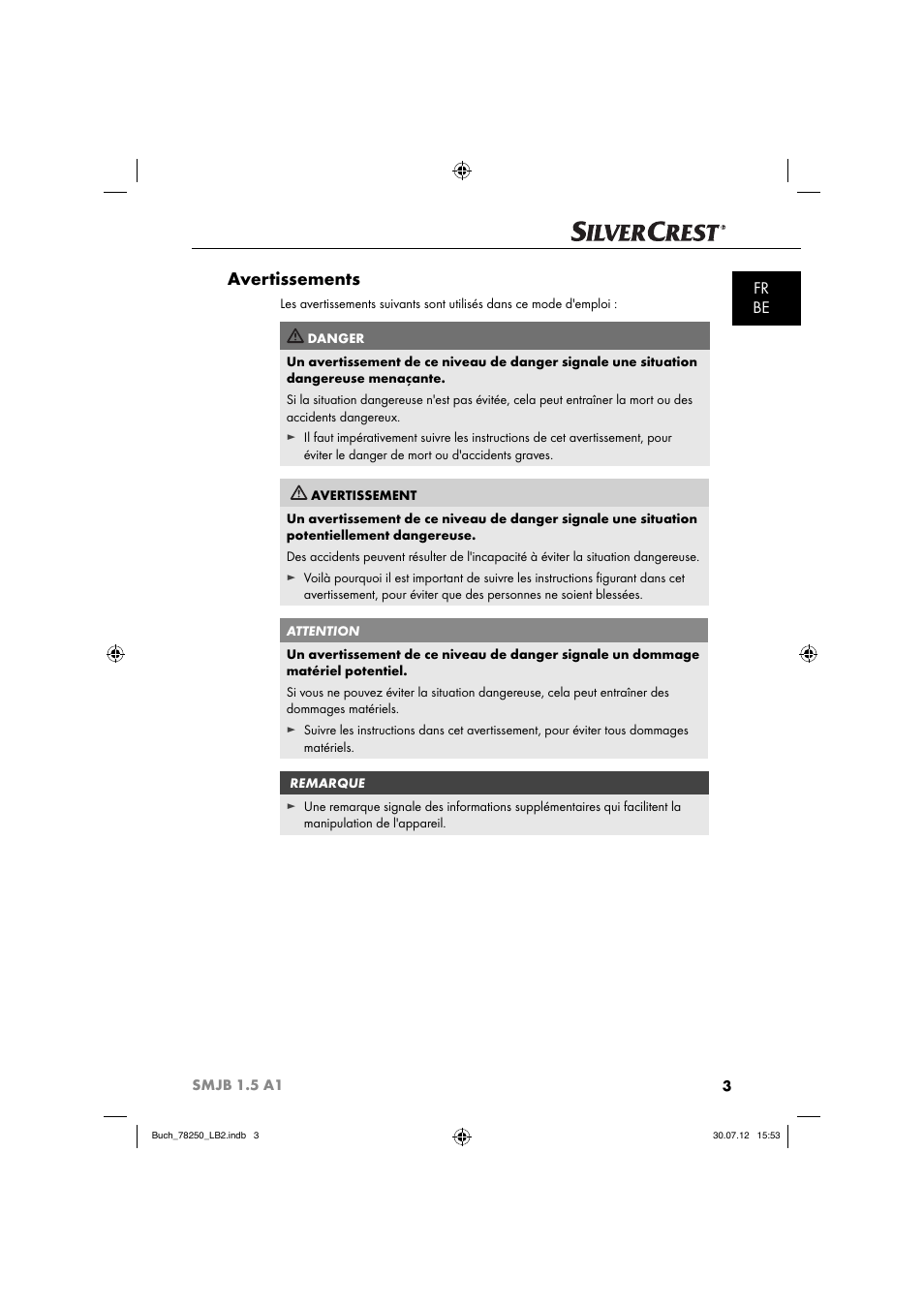 Avertissements, Fr be | Silvercrest SMJB 1.5 A1 User Manual | Page 6 / 68