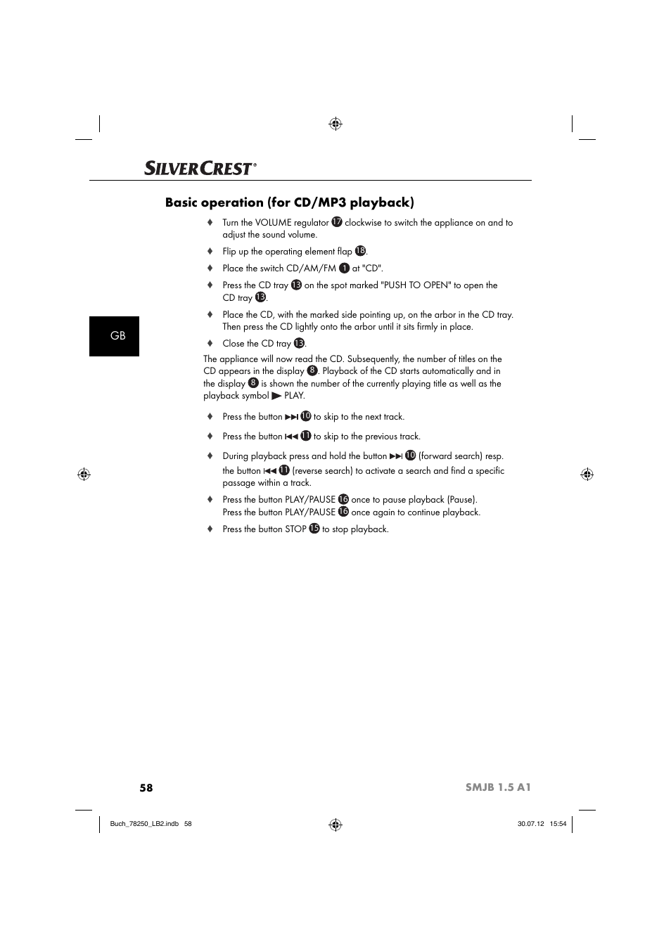 Basic operation (for cd/mp3 playback) | Silvercrest SMJB 1.5 A1 User Manual | Page 61 / 68