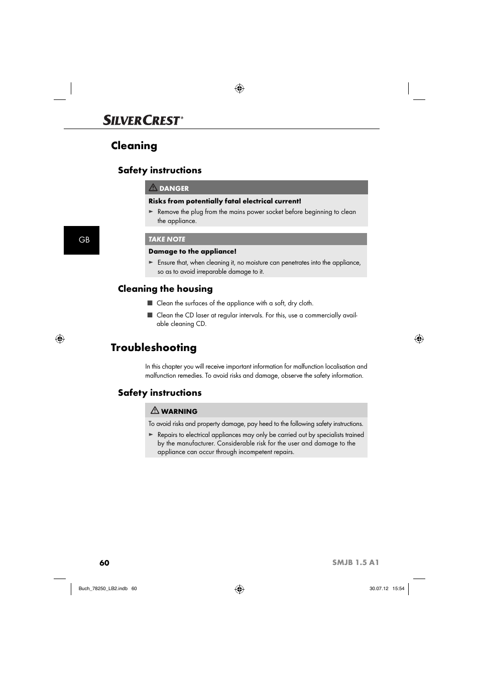 Cleaning, Troubleshooting, Safety instructions | Cleaning the housing | Silvercrest SMJB 1.5 A1 User Manual | Page 63 / 68