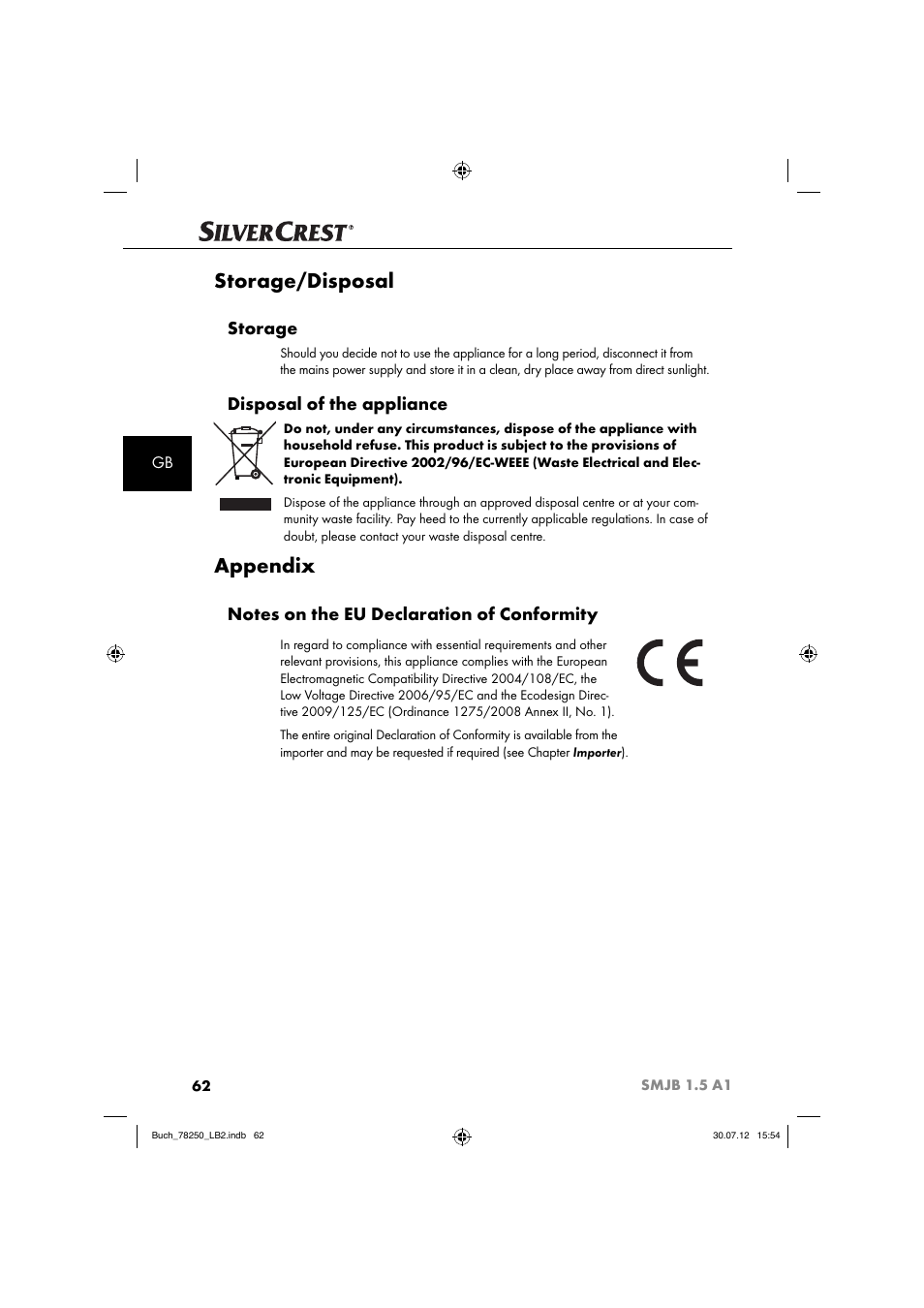 Storage/disposal, Appendix, Storage | Disposal of the appliance | Silvercrest SMJB 1.5 A1 User Manual | Page 65 / 68