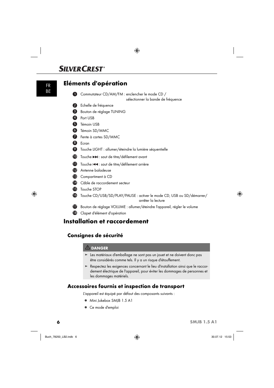 Eléments d'opération, Installation et raccordement, Consignes de sécurité | Accessoires fournis et inspection de transport, Fr be | Silvercrest SMJB 1.5 A1 User Manual | Page 9 / 68