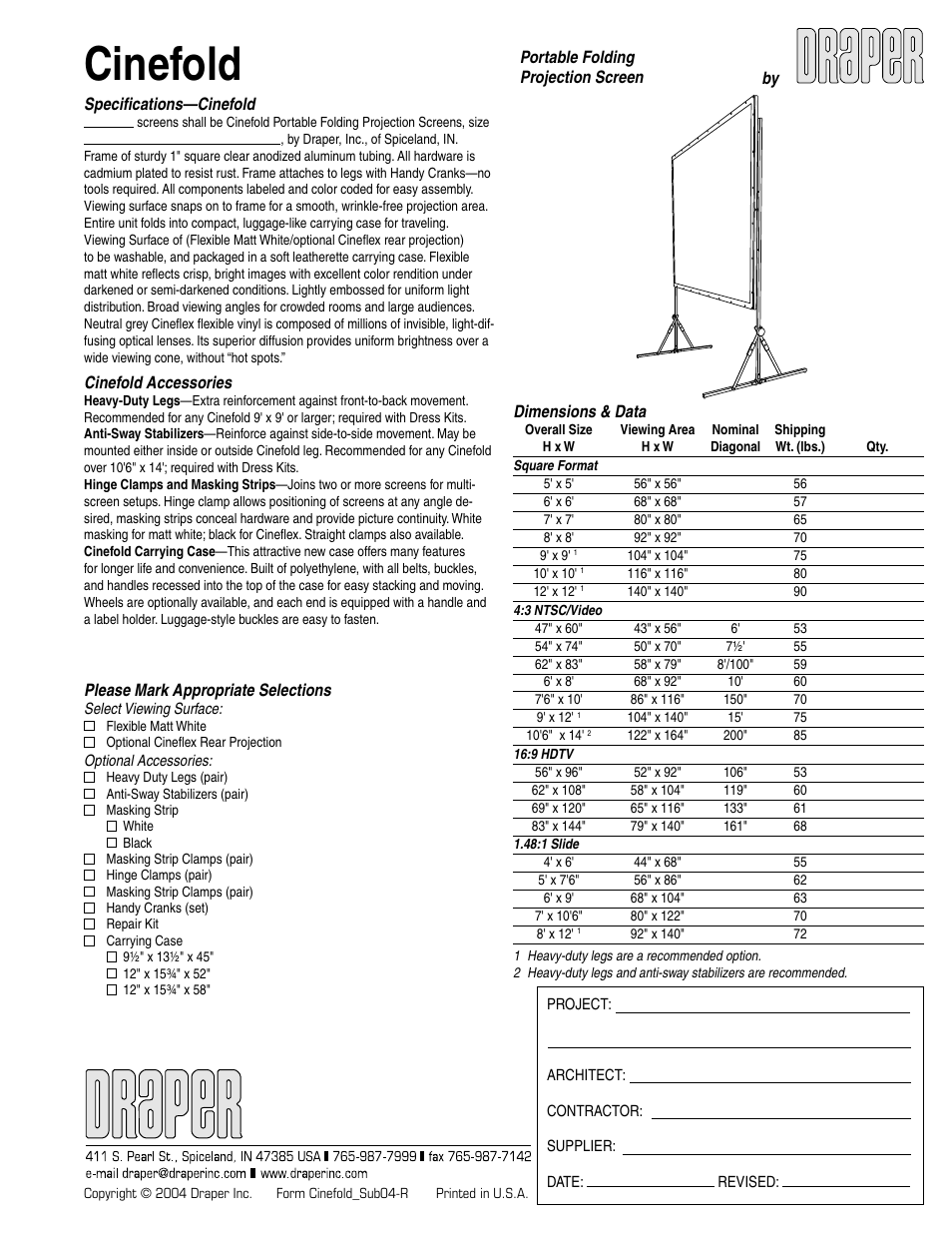 Draper Cinefold Portable Folding Projection Screen User Manual | 1 page