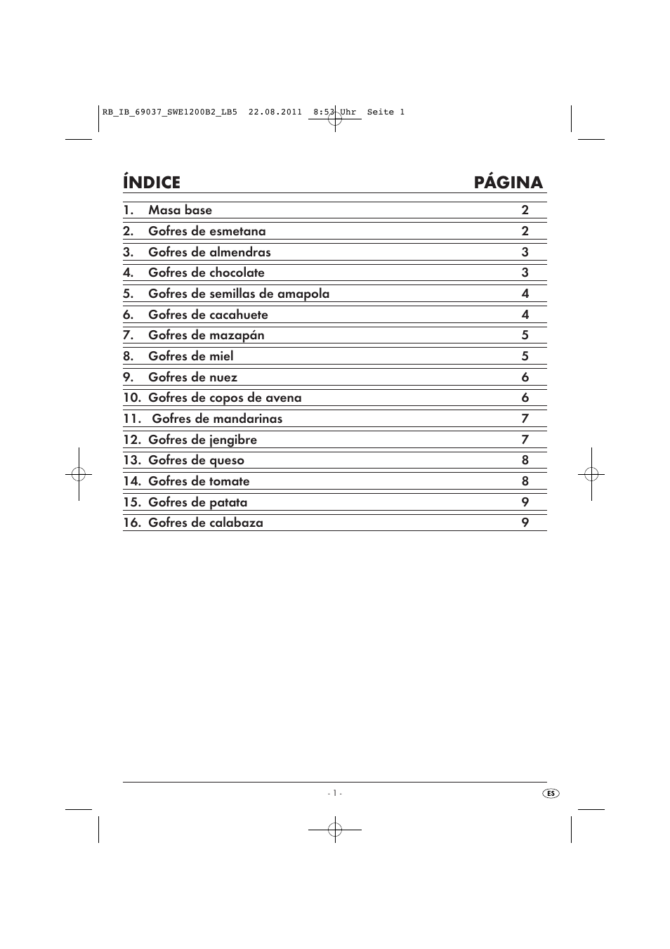 Índice página | Silvercrest Delicious Waffle Recipes User Manual | Page 2 / 50