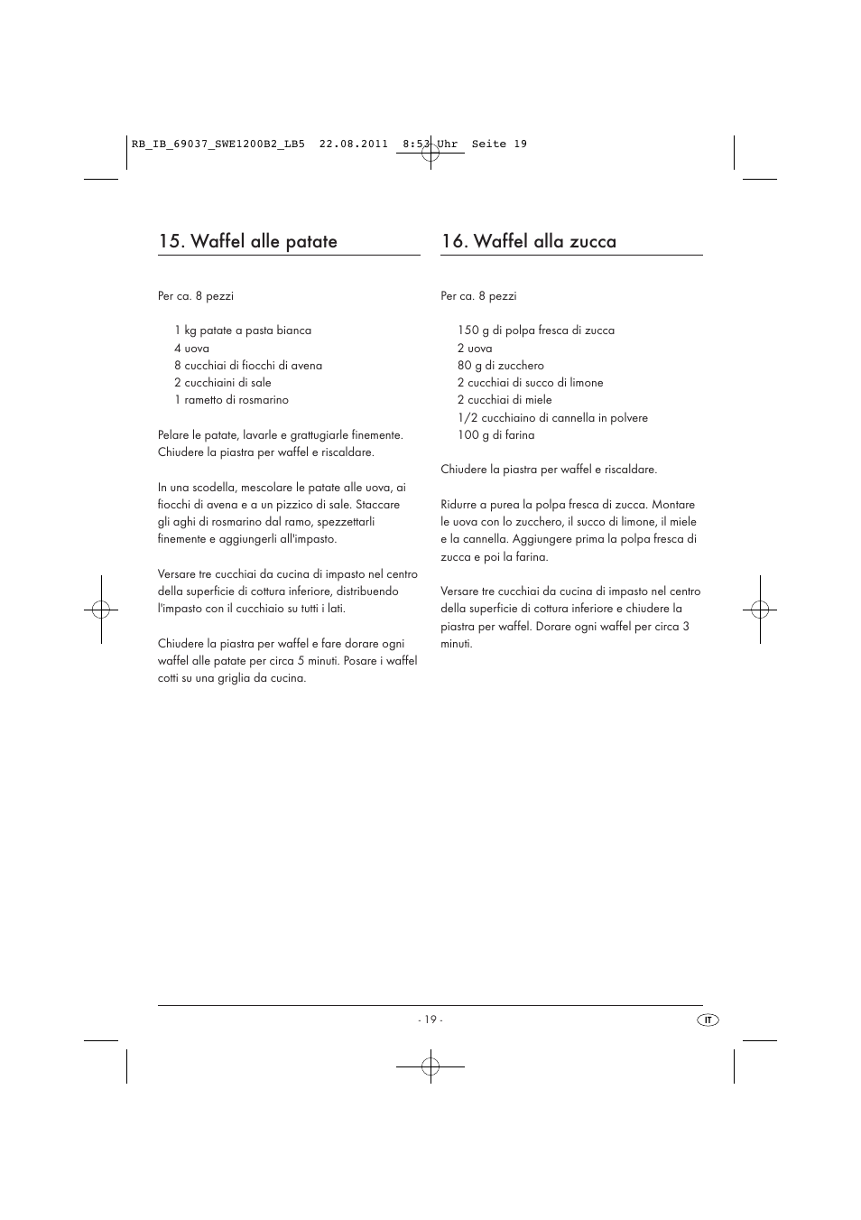 Waffel alle patate, Waffel alla zucca | Silvercrest Delicious Waffle Recipes User Manual | Page 20 / 50