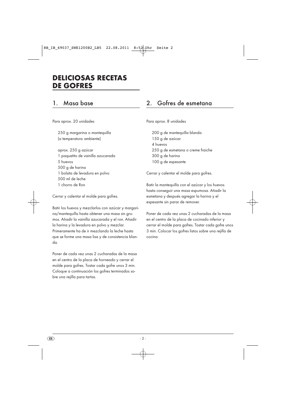 Deliciosas recetas de gofres, Masa base, Gofres de esmetana | Silvercrest Delicious Waffle Recipes User Manual | Page 3 / 50