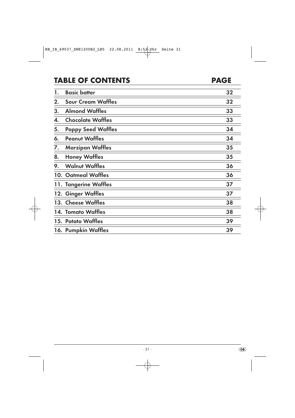 Table of contents page | Silvercrest Delicious Waffle Recipes User Manual | Page 32 / 50