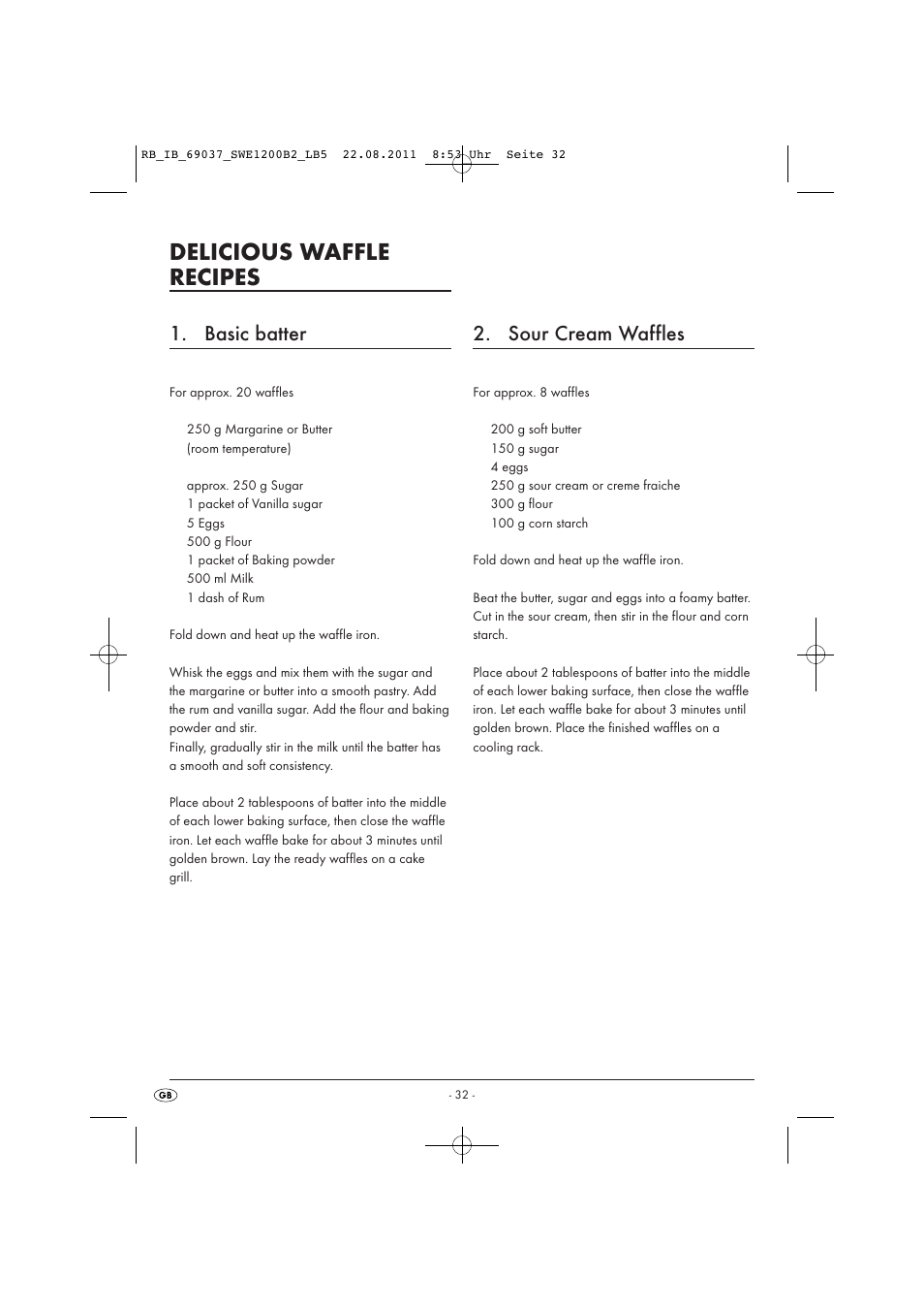 Delicious waffle recipes, Basic batter, Sour cream waffles | Silvercrest Delicious Waffle Recipes User Manual | Page 33 / 50