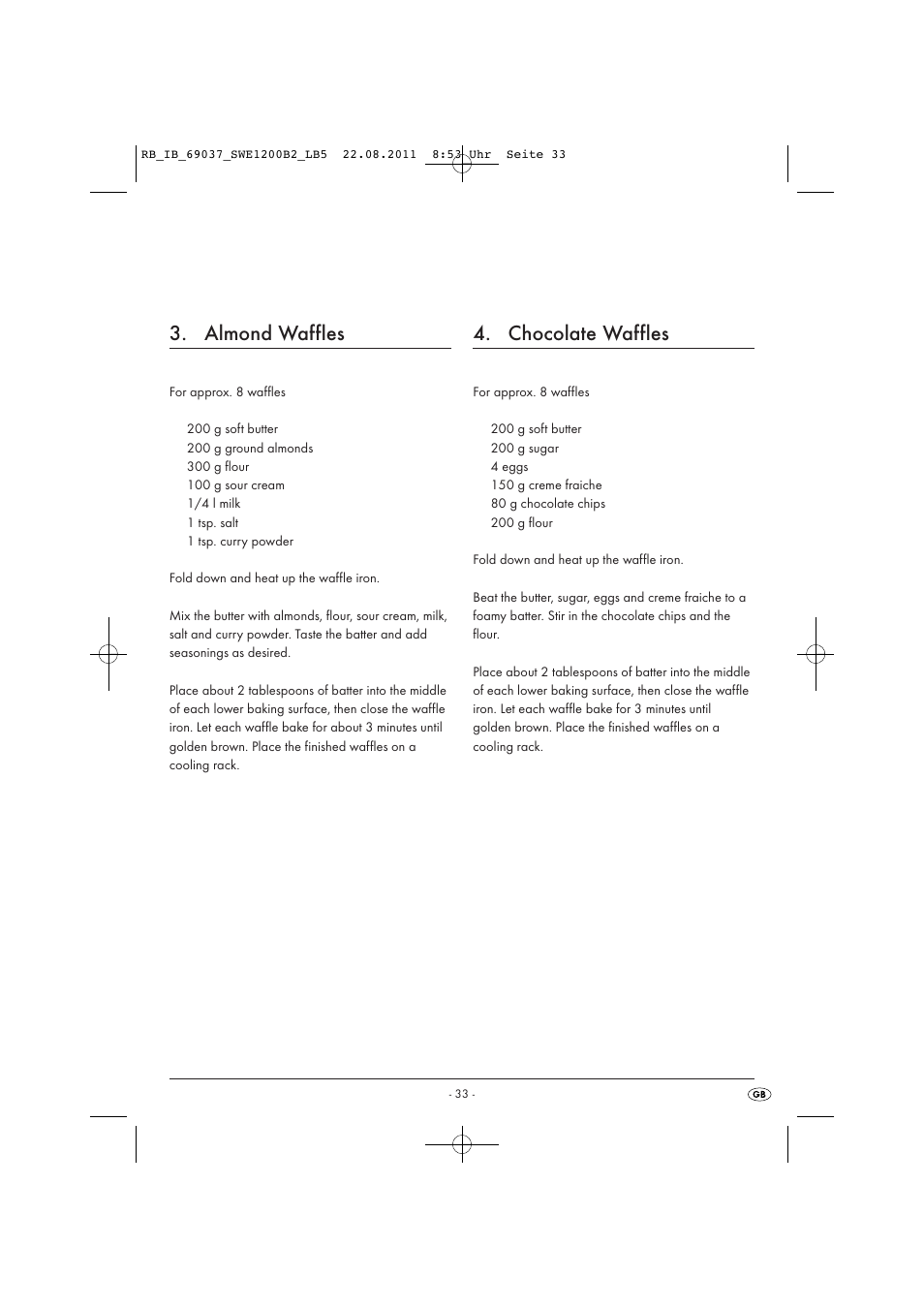 Almond waffles, Chocolate waffles | Silvercrest Delicious Waffle Recipes User Manual | Page 34 / 50