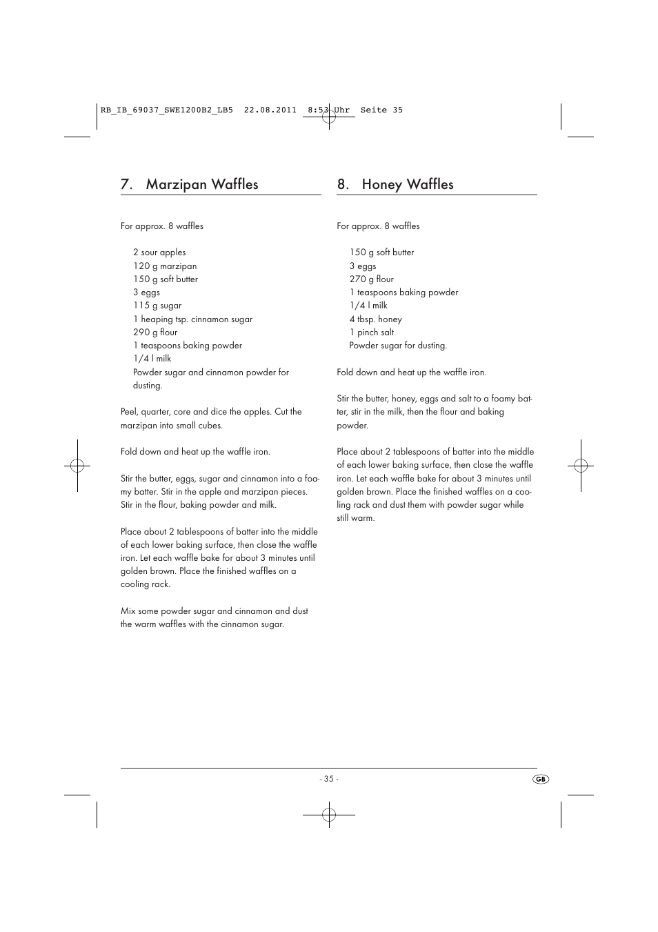 Marzipan waffles, Honey waffles | Silvercrest Delicious Waffle Recipes User Manual | Page 36 / 50