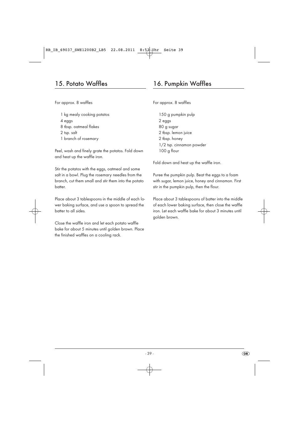 Potato waffles, Pumpkin waffles | Silvercrest Delicious Waffle Recipes User Manual | Page 40 / 50
