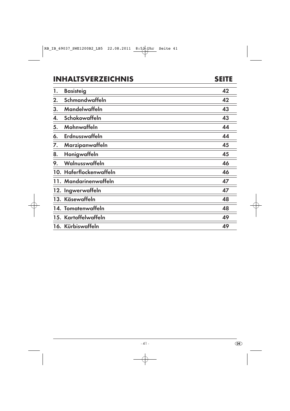 Inhaltsverzeichnis seite | Silvercrest Delicious Waffle Recipes User Manual | Page 42 / 50