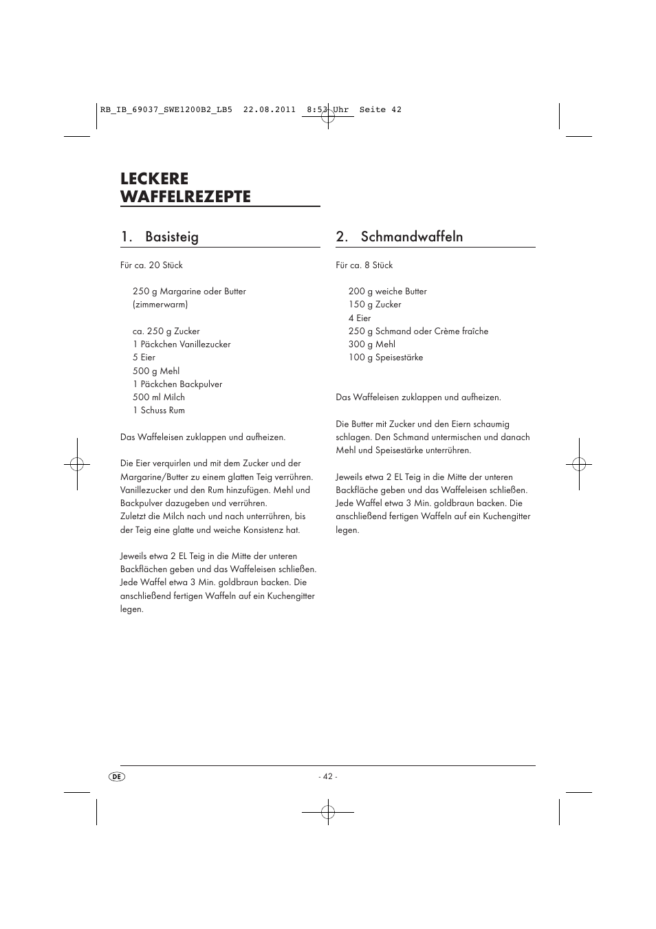 Leckere waffelrezepte, Basisteig, Schmandwaffeln | Silvercrest Delicious Waffle Recipes User Manual | Page 43 / 50
