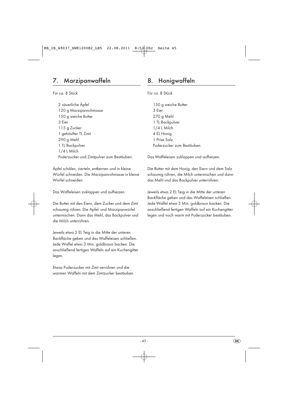 Marzipanwaffeln, Honigwaffeln | Silvercrest Delicious Waffle Recipes User Manual | Page 46 / 50