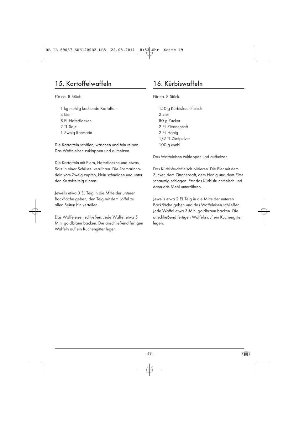 Kartoffelwaffeln, Kürbiswaffeln | Silvercrest Delicious Waffle Recipes User Manual | Page 50 / 50