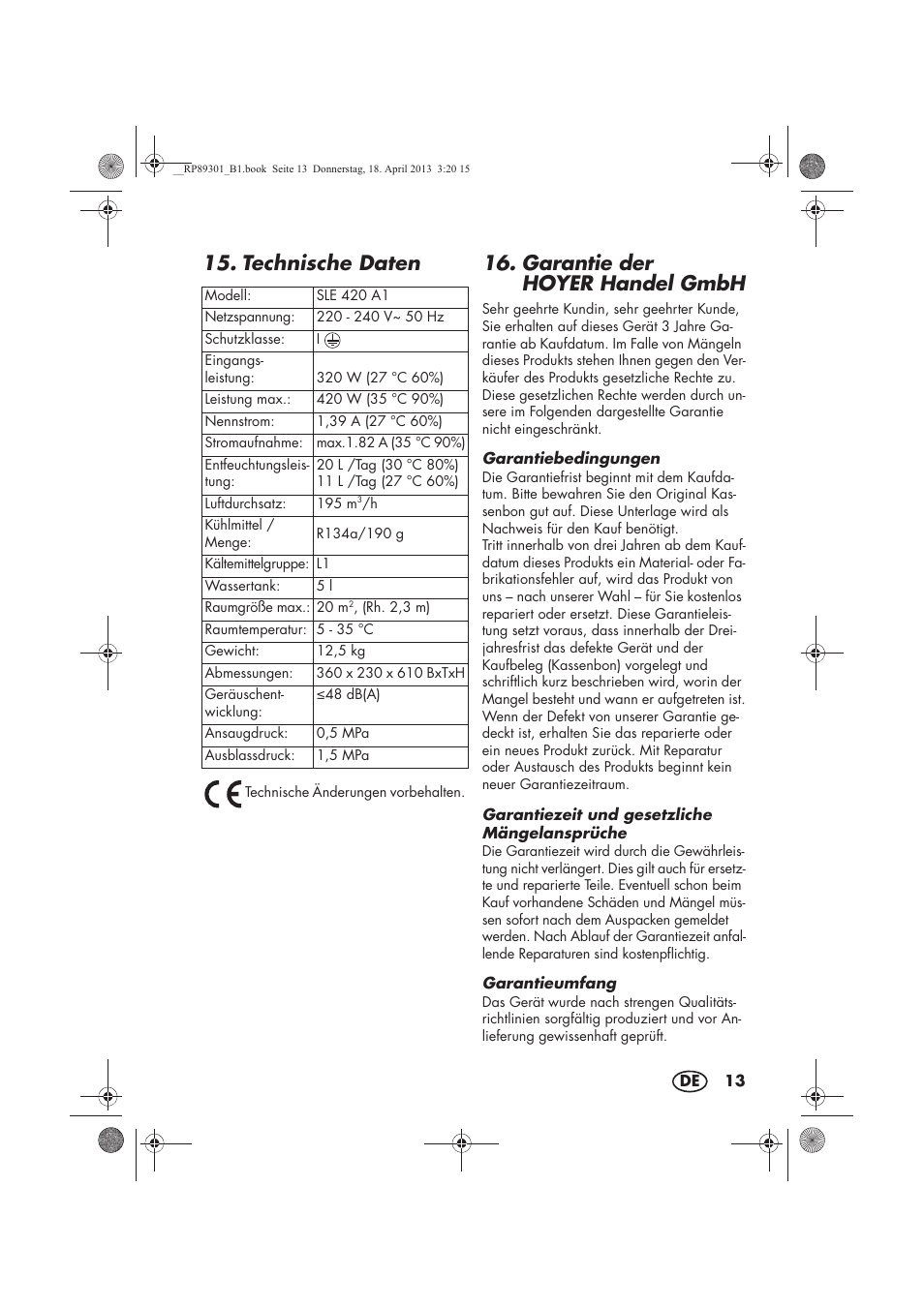 Technische daten, Garantie der hoyerhandel gmbh | Silvercrest SLE 420 A1 User Manual | Page 15 / 74