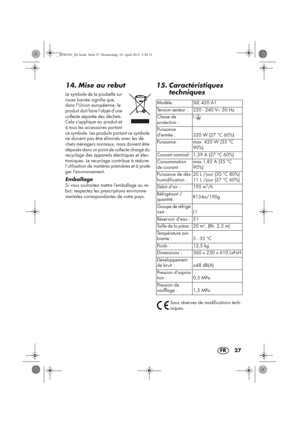 Mise au rebut, Caractéristiques techniques | Silvercrest SLE 420 A1 User Manual | Page 29 / 74