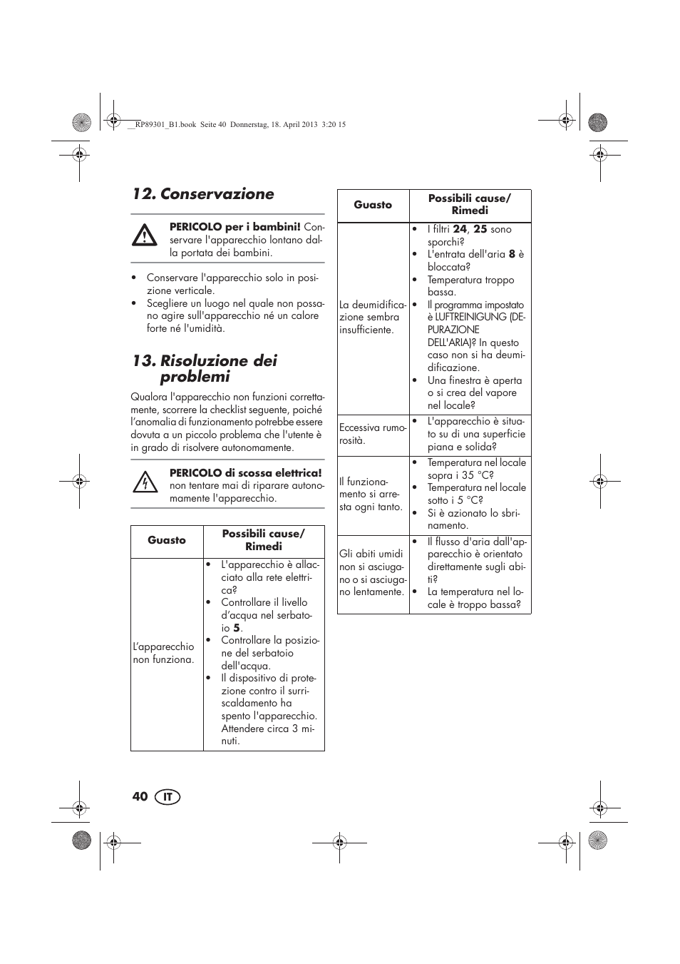 Conservazione, Risoluzione dei problemi | Silvercrest SLE 420 A1 User Manual | Page 42 / 74
