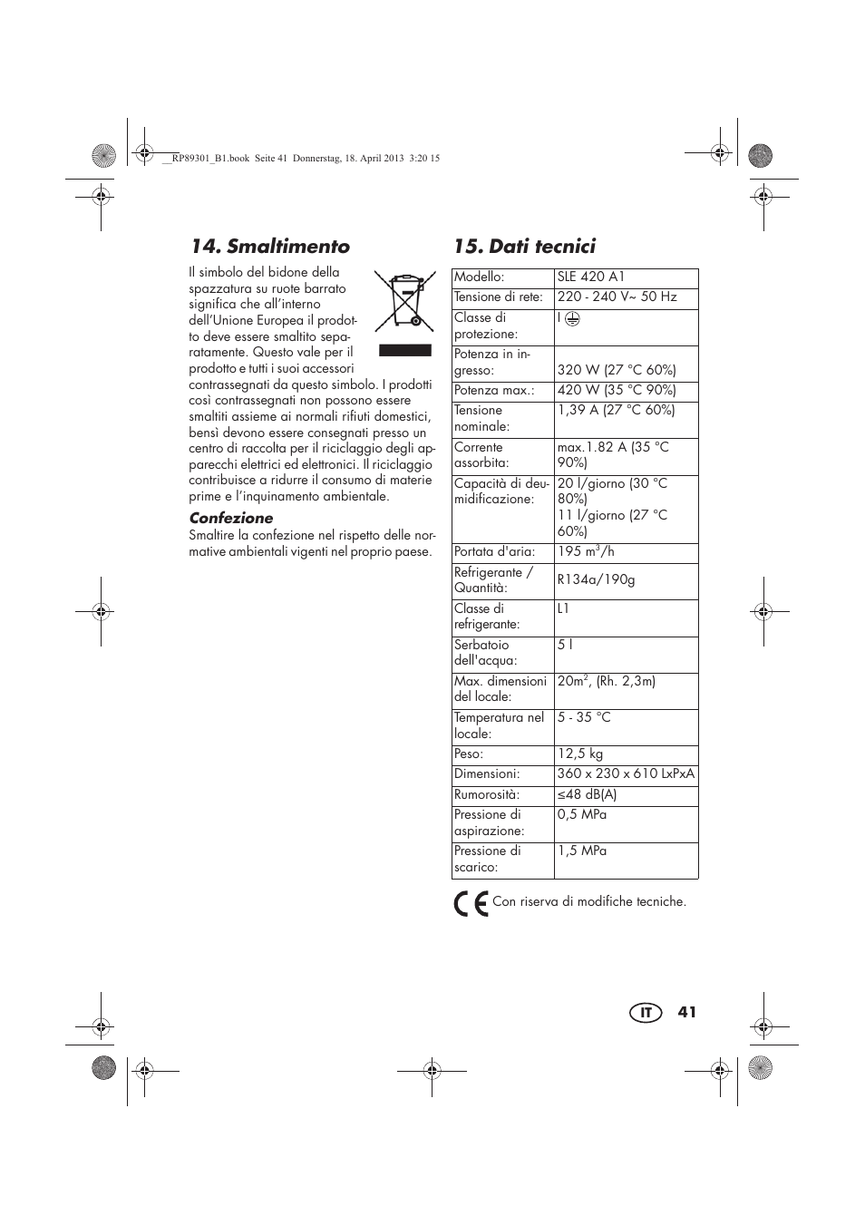 Smaltimento, Dati tecnici | Silvercrest SLE 420 A1 User Manual | Page 43 / 74