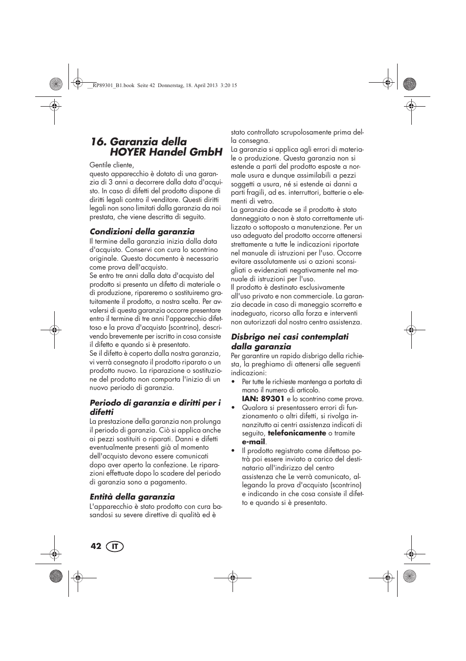 Garanzia della hoyer handel gmbh | Silvercrest SLE 420 A1 User Manual | Page 44 / 74