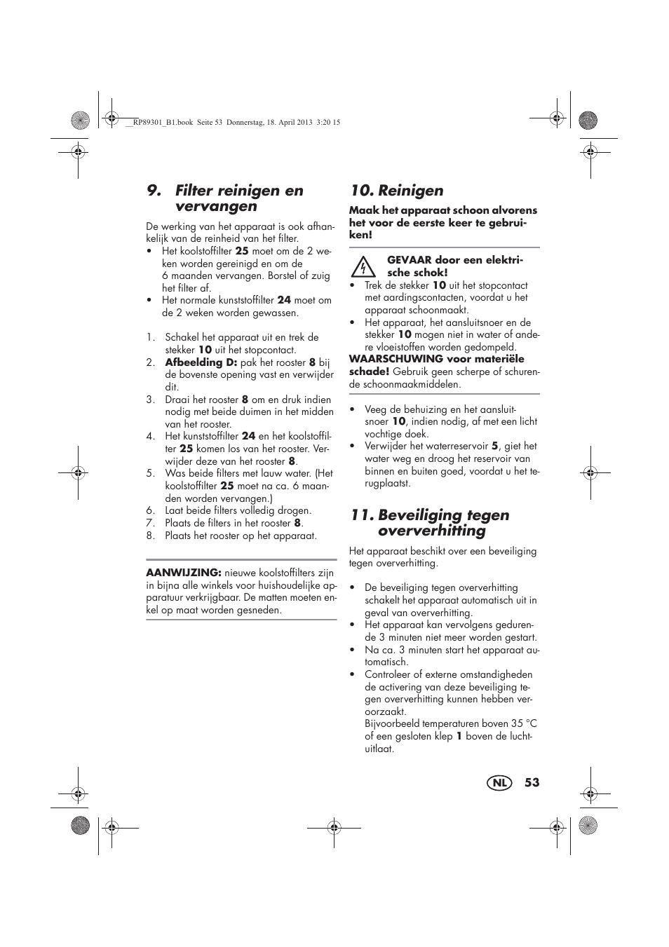 Filter reinigen en vervangen, Reinigen, Beveiliging tegen oververhitting | Silvercrest SLE 420 A1 User Manual | Page 55 / 74