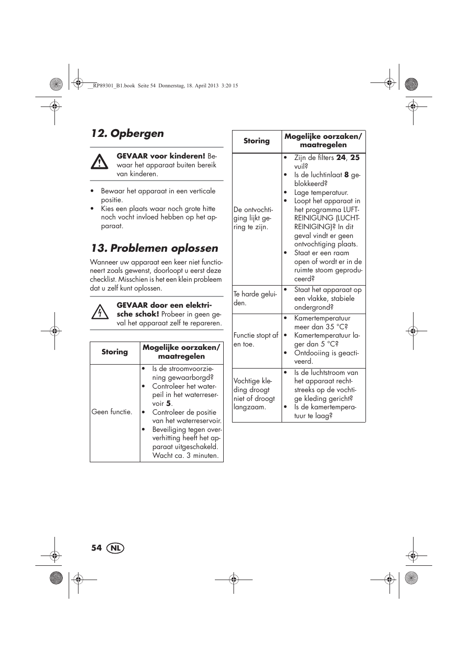 Opbergen, Problemen oplossen | Silvercrest SLE 420 A1 User Manual | Page 56 / 74