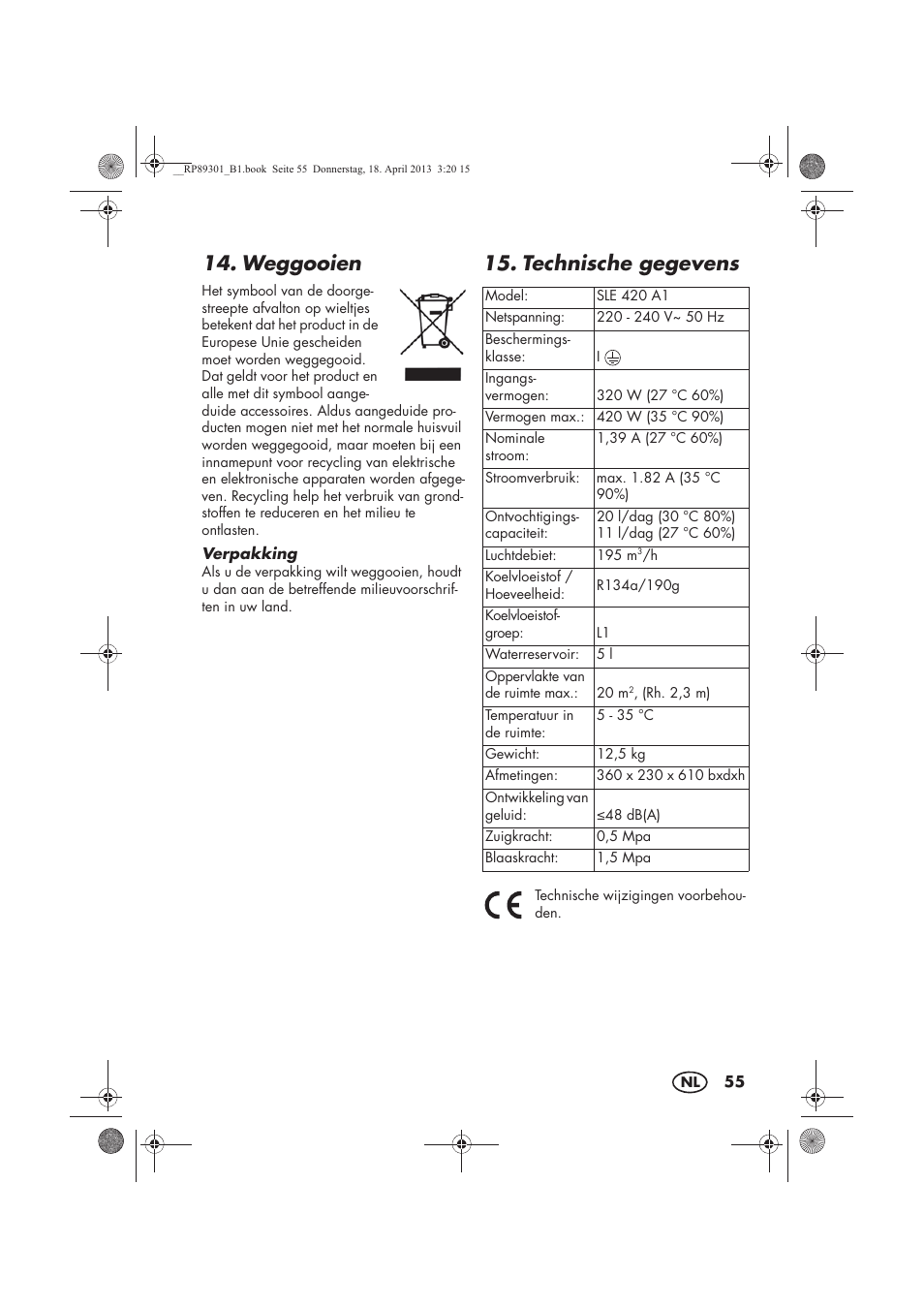 Weggooien, Technische gegevens | Silvercrest SLE 420 A1 User Manual | Page 57 / 74