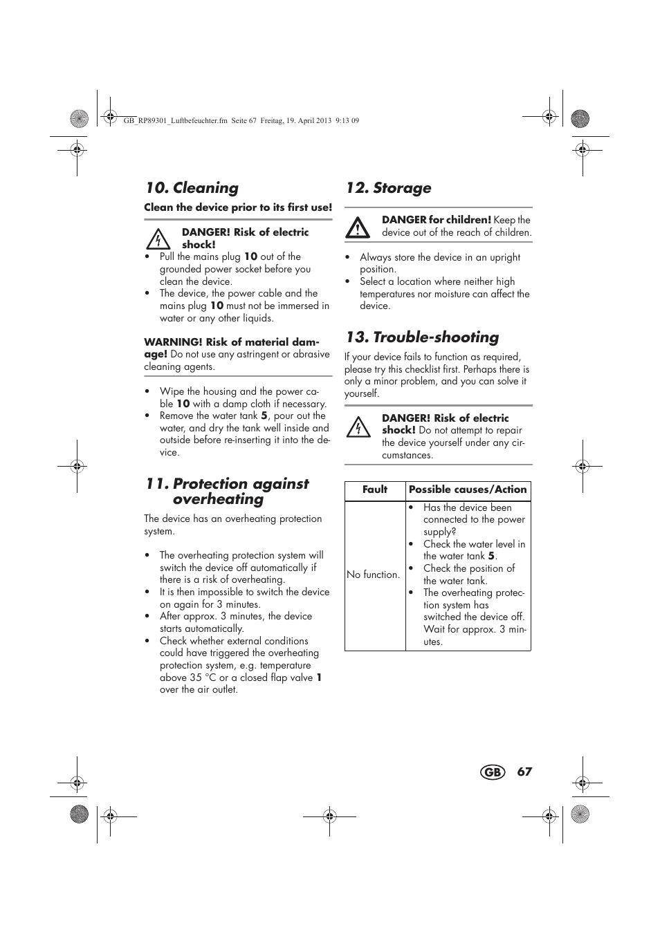 Cleaning, Protection against overheating, Storage | Trouble-shooting | Silvercrest SLE 420 A1 User Manual | Page 69 / 74