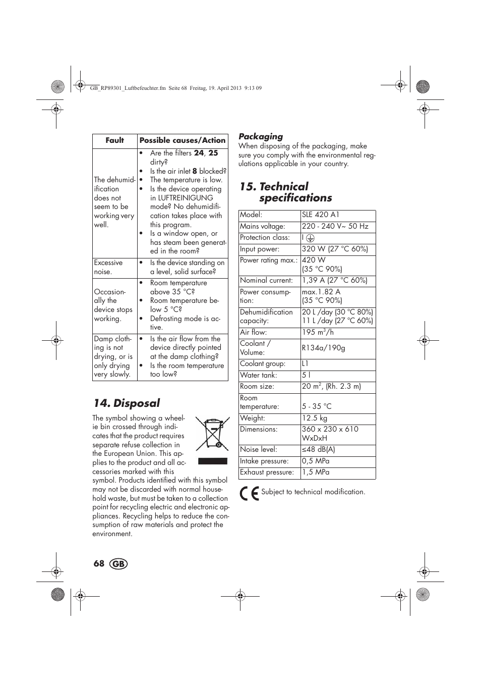 Disposal, Technical specifications | Silvercrest SLE 420 A1 User Manual | Page 70 / 74