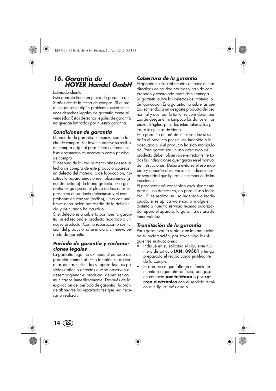 Garantía de hoyer handel gmbh | Silvercrest SLE 420 A1 User Manual | Page 16 / 74
