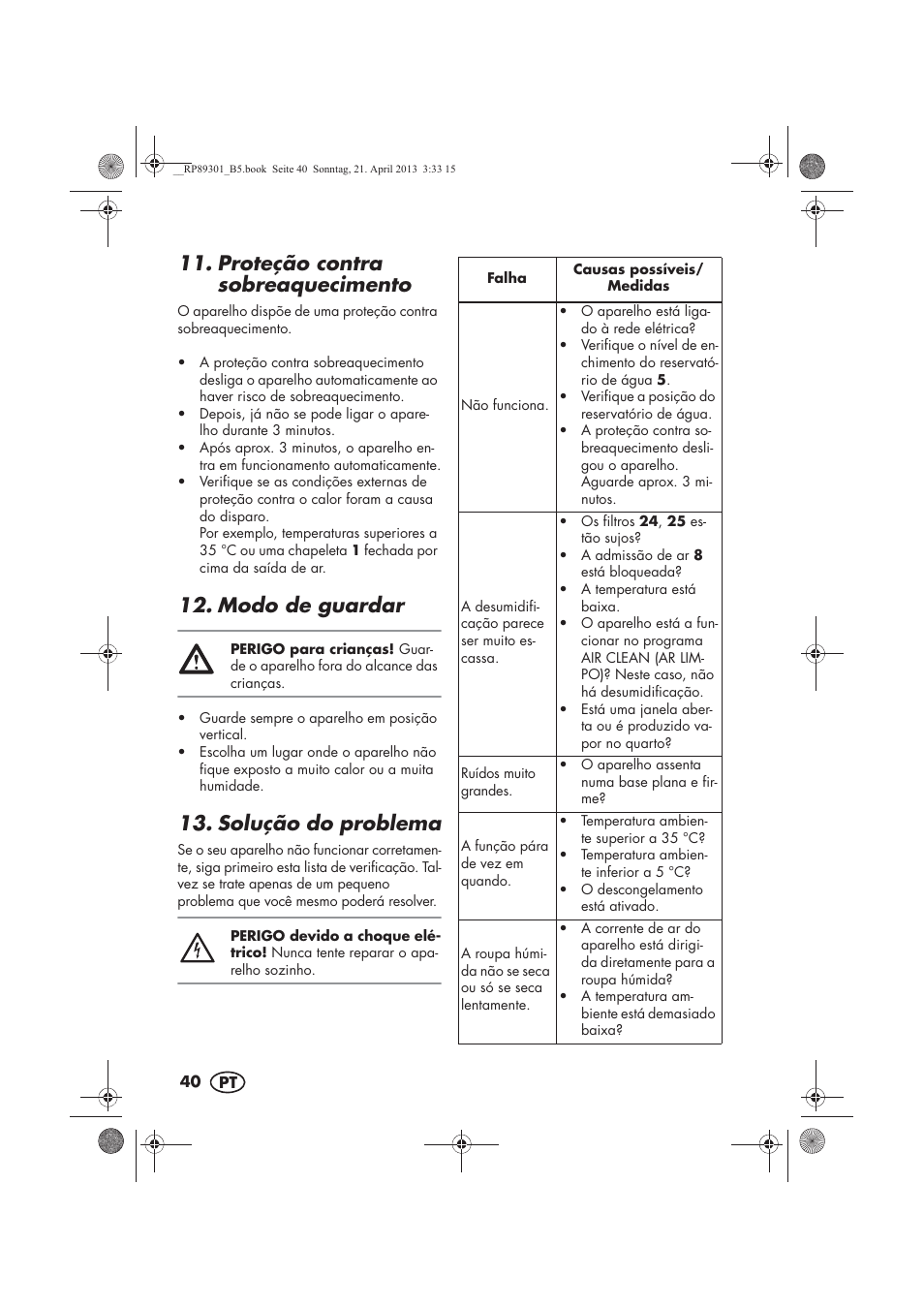 Proteção contra sobreaquecimento, Modo de guardar, Solução do problema | Silvercrest SLE 420 A1 User Manual | Page 42 / 74