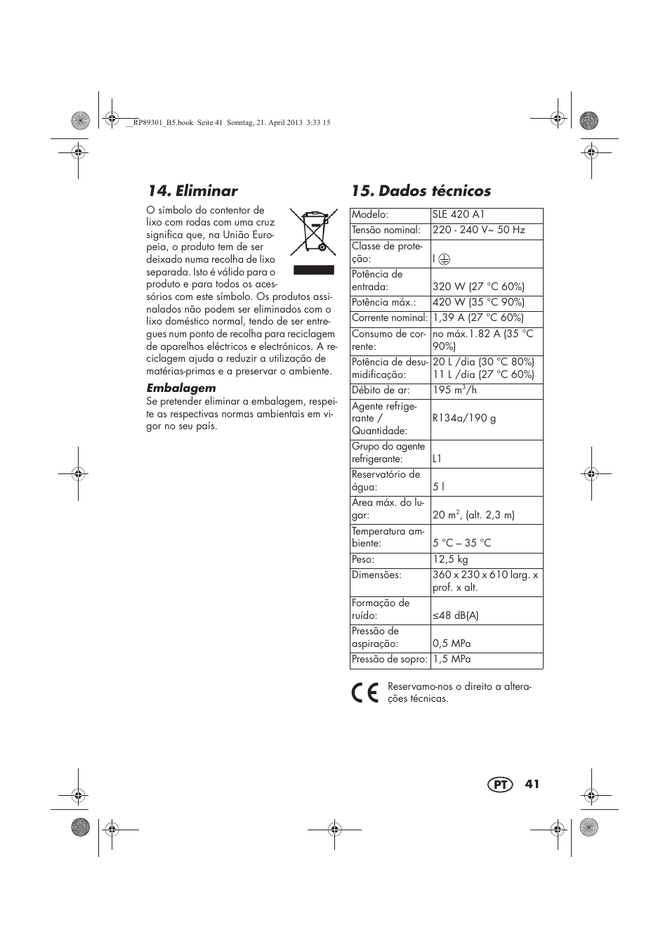 Eliminar, Dados técnicos | Silvercrest SLE 420 A1 User Manual | Page 43 / 74