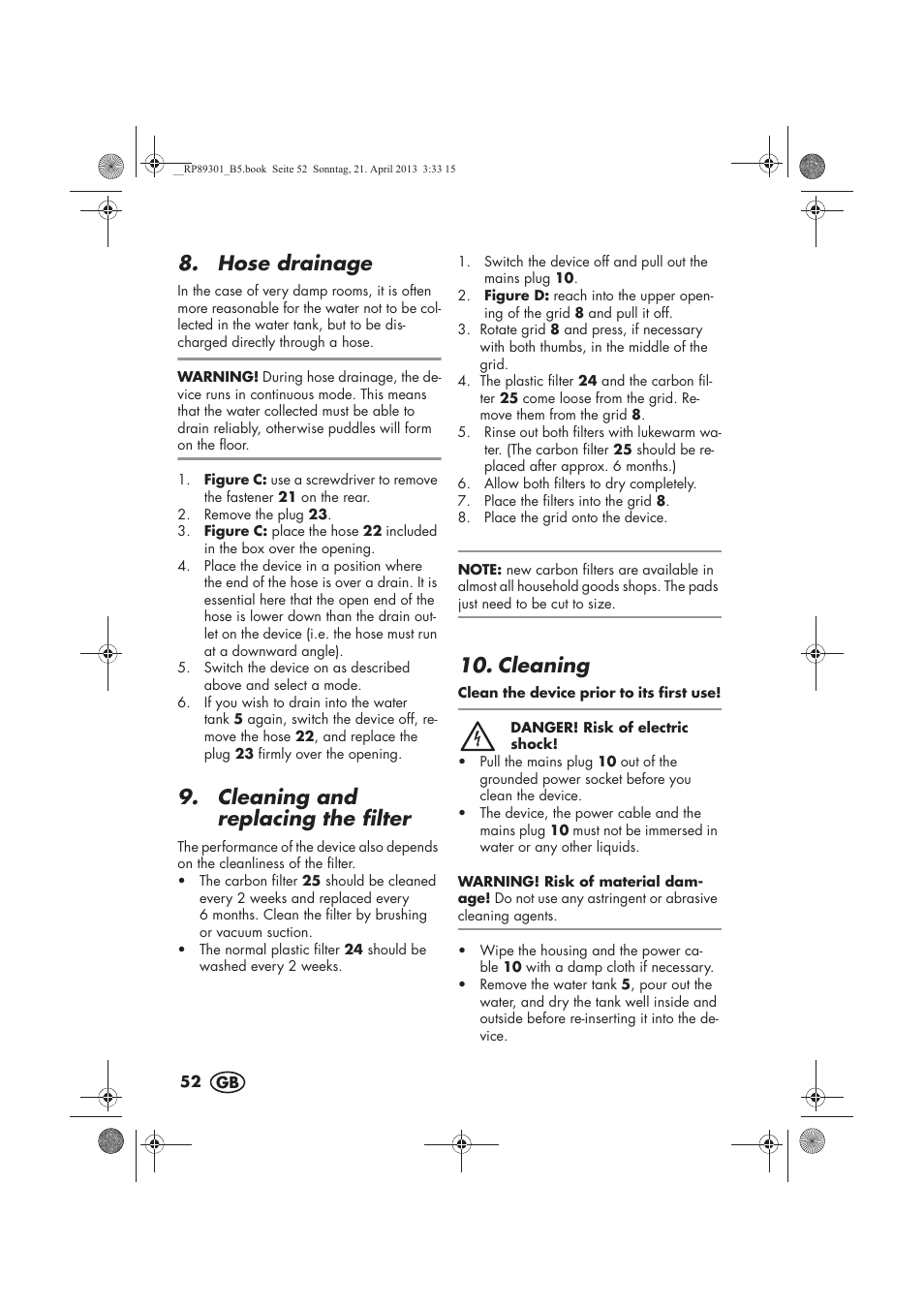 Hose drainage, Cleaning and replacing the filter, Cleaning | Silvercrest SLE 420 A1 User Manual | Page 54 / 74