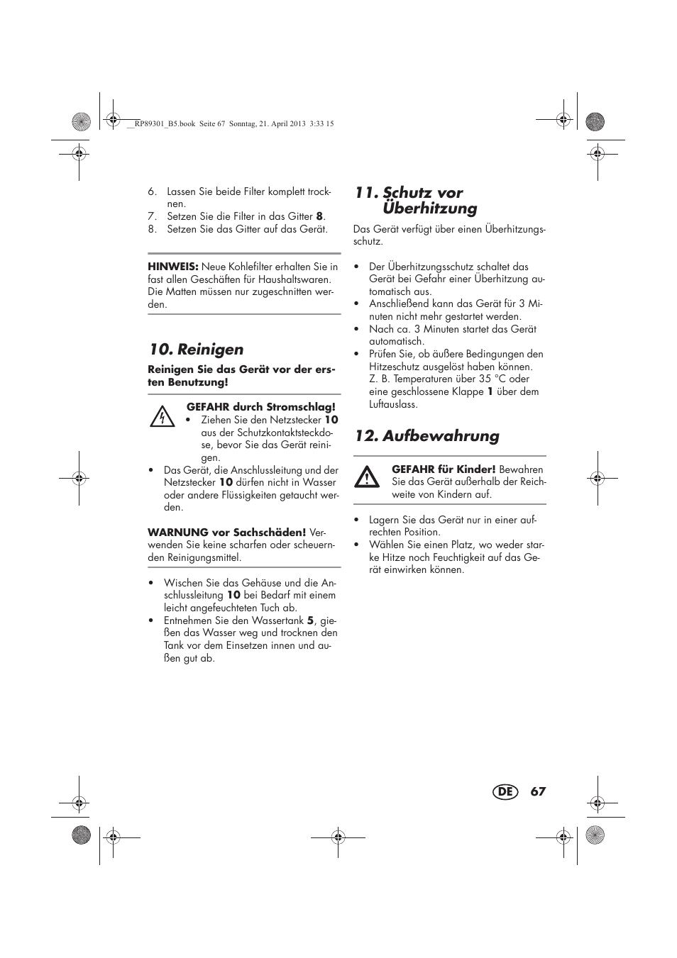 Reinigen, Schutz vor überhitzung, Aufbewahrung | Silvercrest SLE 420 A1 User Manual | Page 69 / 74