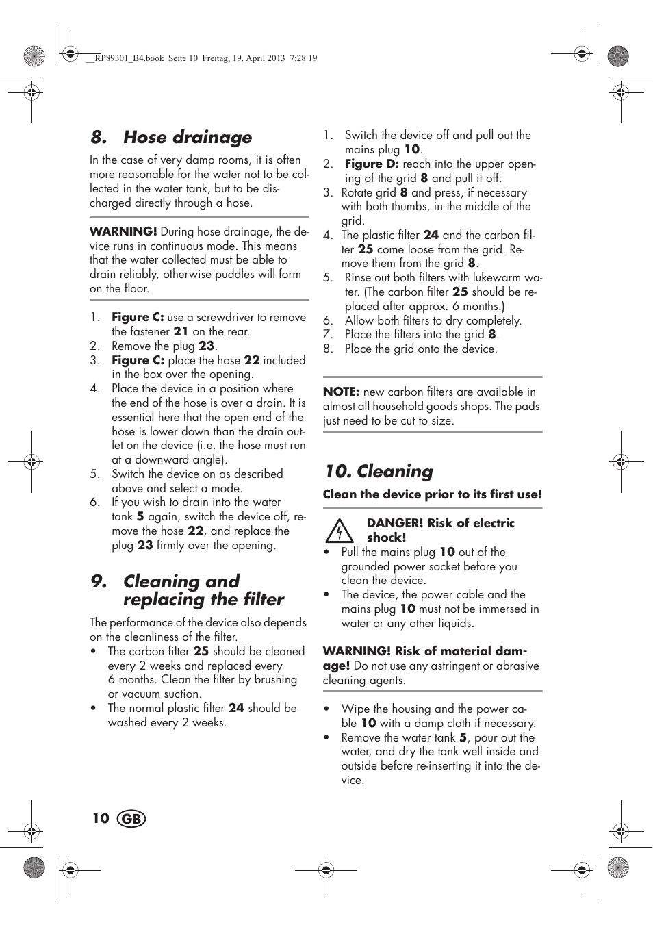 Hose drainage, Cleaning and replacing the filter, Cleaning | Silvercrest SLE 420 A1 User Manual | Page 12 / 100