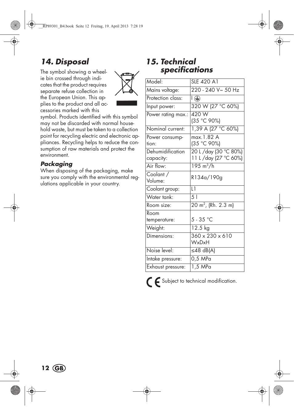 Disposal, Technical specifications | Silvercrest SLE 420 A1 User Manual | Page 14 / 100