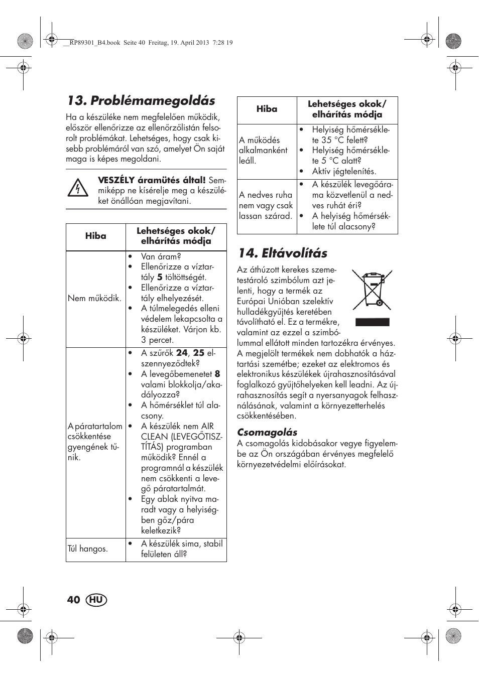 Problémamegoldás, Eltávolítás | Silvercrest SLE 420 A1 User Manual | Page 42 / 100