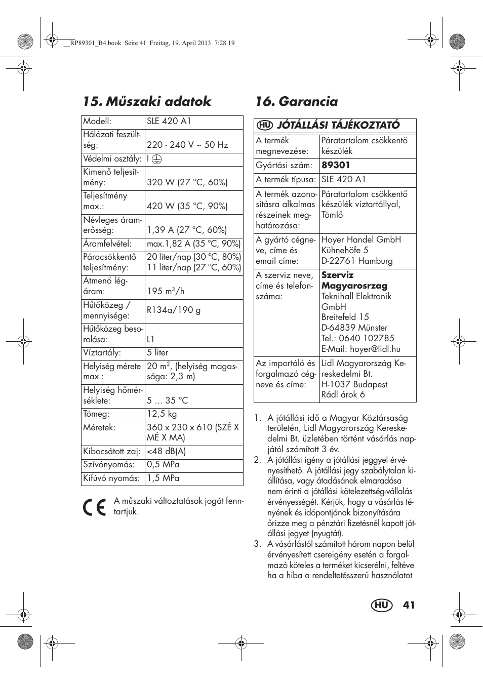 Mszaki adatok, Garancia | Silvercrest SLE 420 A1 User Manual | Page 43 / 100