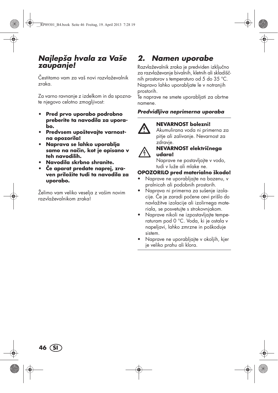 Najlepša hvala za vaše zaupanje, Namen uporabe | Silvercrest SLE 420 A1 User Manual | Page 48 / 100