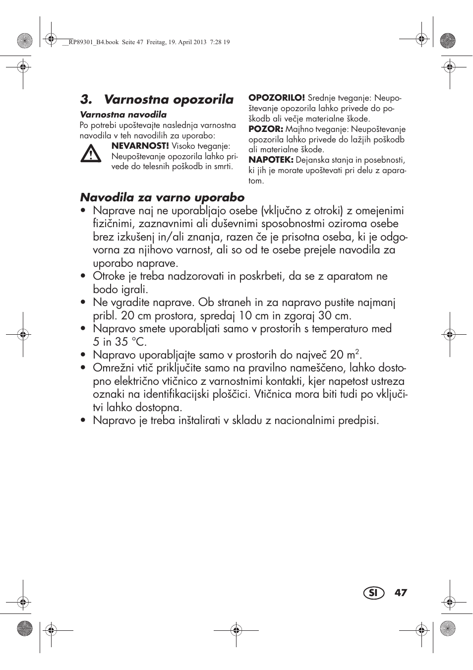 Varnostna opozorila | Silvercrest SLE 420 A1 User Manual | Page 49 / 100