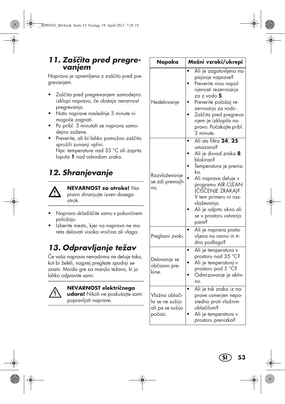 Zašita pred pregre- vanjem, Shranjevanje, Odpravljanje težav | Silvercrest SLE 420 A1 User Manual | Page 55 / 100