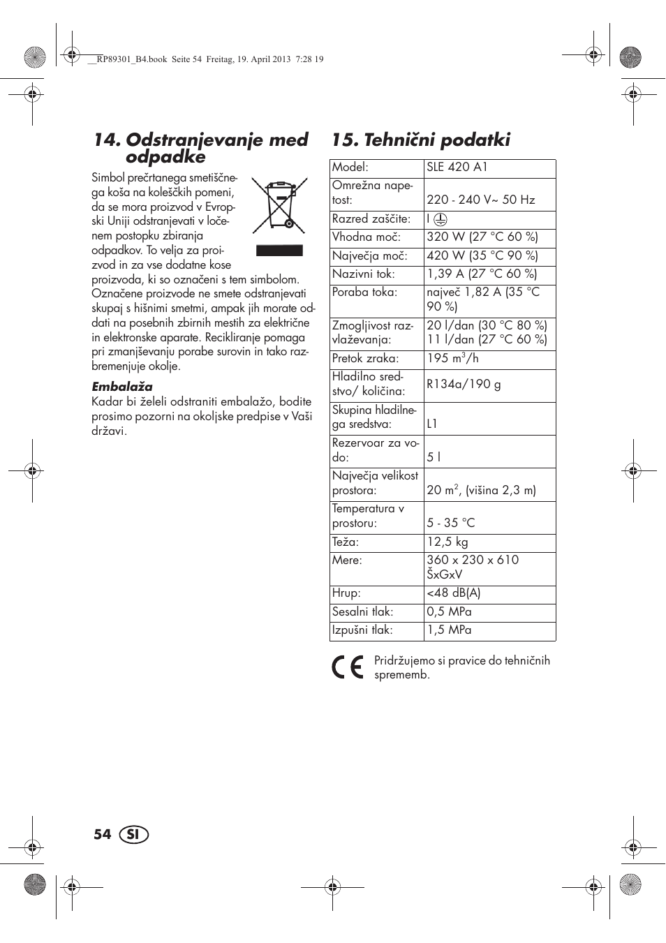 Odstranjevanje med odpadke, Tehnini podatki | Silvercrest SLE 420 A1 User Manual | Page 56 / 100
